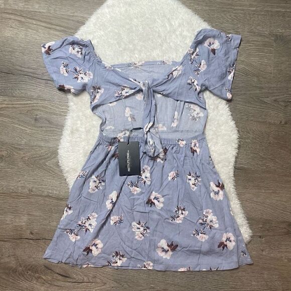 PrettyLittleThing Blue Off Shoulder Mini Dress Open Back Tie Floral Size 4 - Picture 3 of 10
